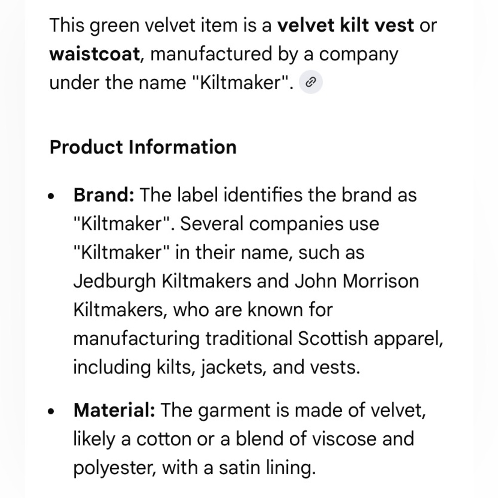Kiltmaker Dark Green Velvet Vest/waistcoat made in Scotland Hector Russell label - Picture 5 of 11